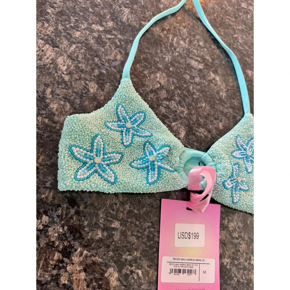Oceanus‎ Mias Marina Beaded Starfish Bikini Top Aqua Blue BK028 Medium NWT